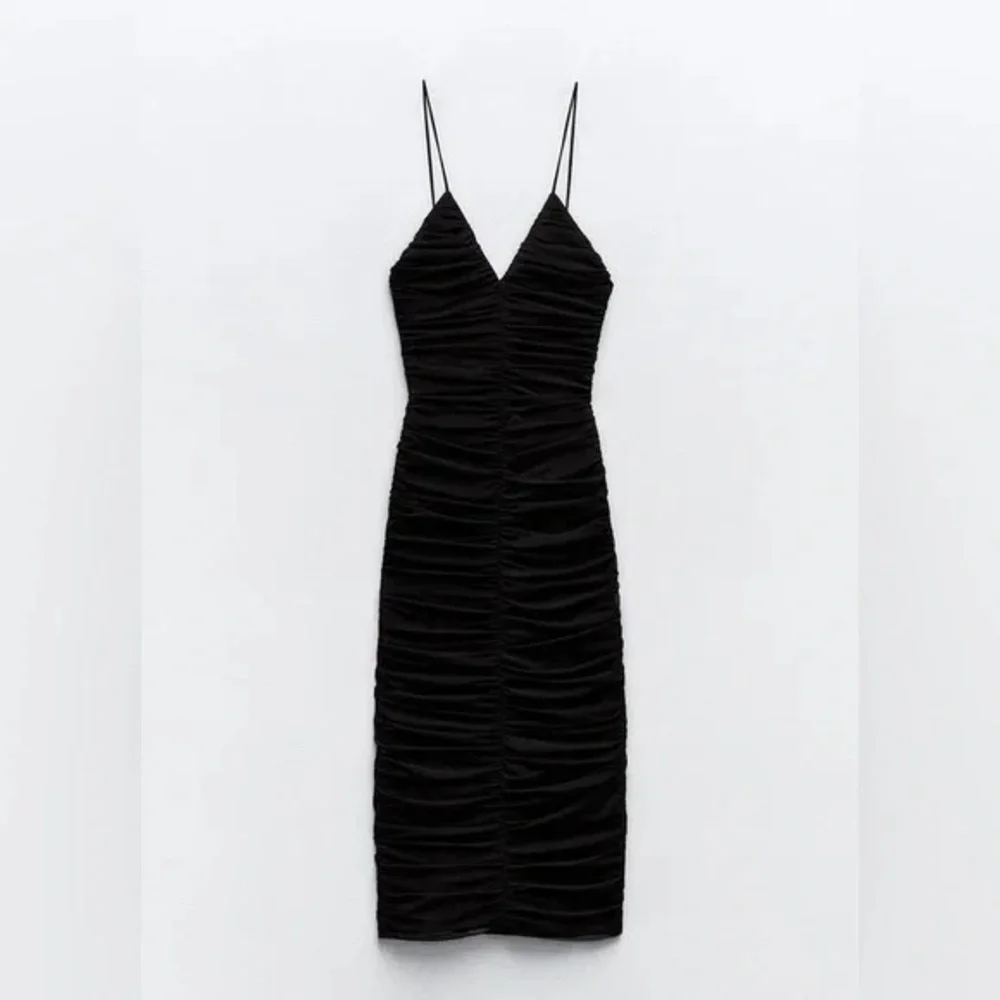 Black Ruched Midi Dress with Back Slit - Picture 5 of 6